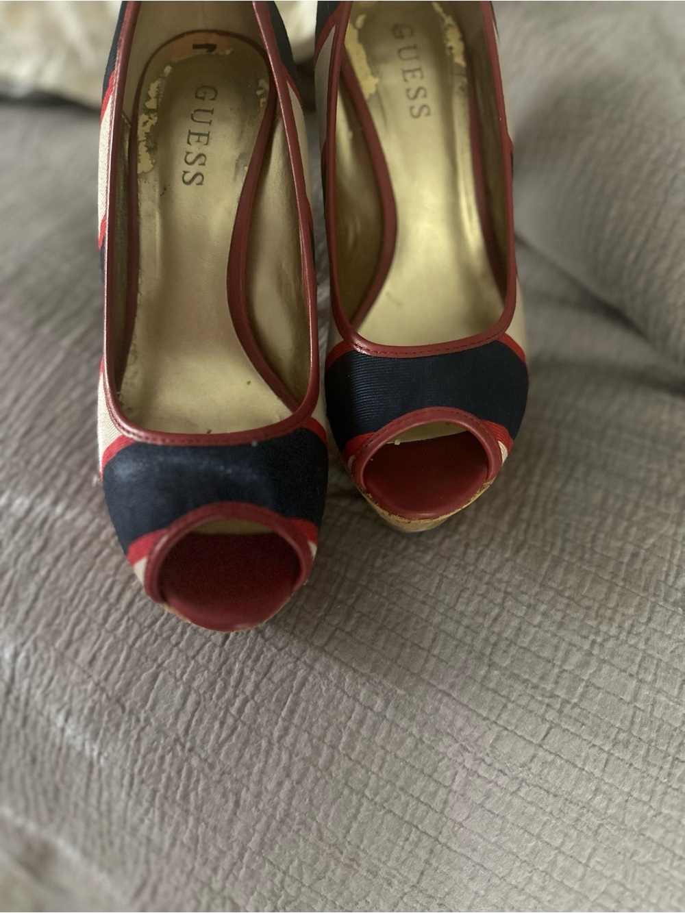 GUESS Red and Navy Peep-Toe Heels
